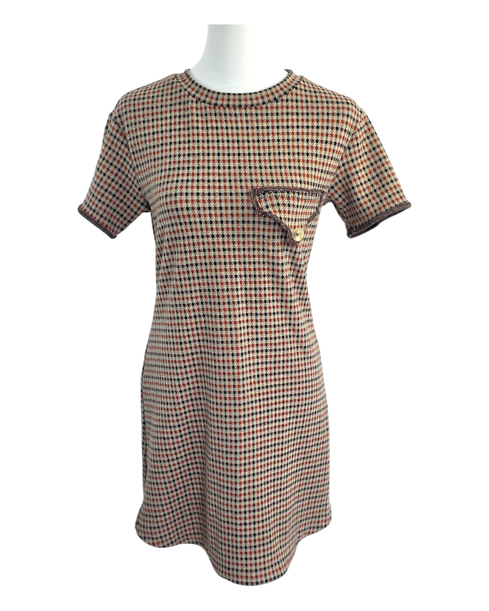 Kleid Jour Léger in Größe 36 – Unikat aus Jacquardstrick mit Hahnentrittmuster, kurzarm mit Ziertasche und goldfarbenem Knopf“