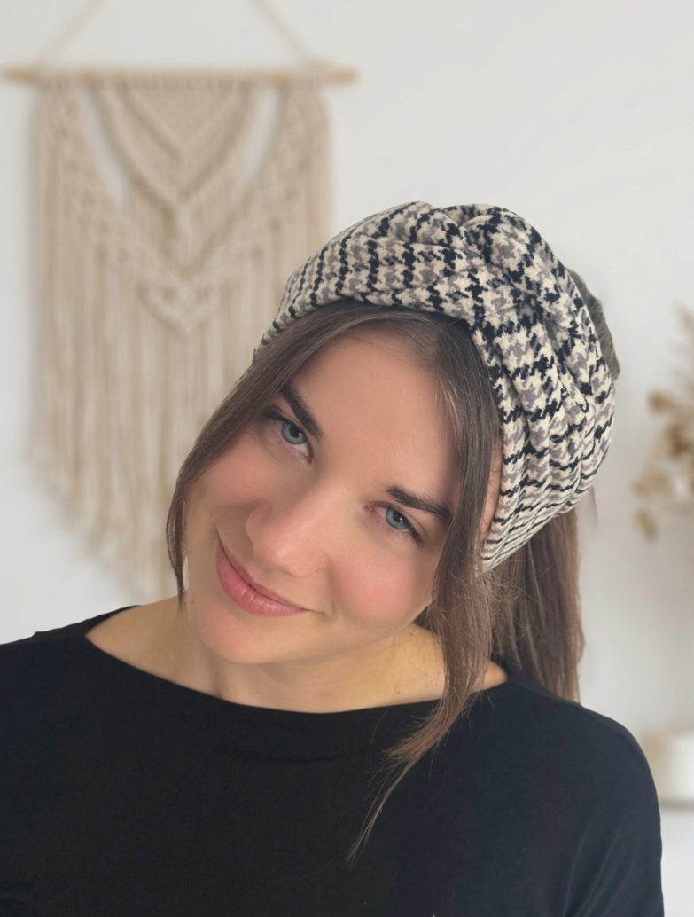 Handgemachtes Winter-Drahthaarband Silber Schwarz Weiß aus 100 % Baumwolle